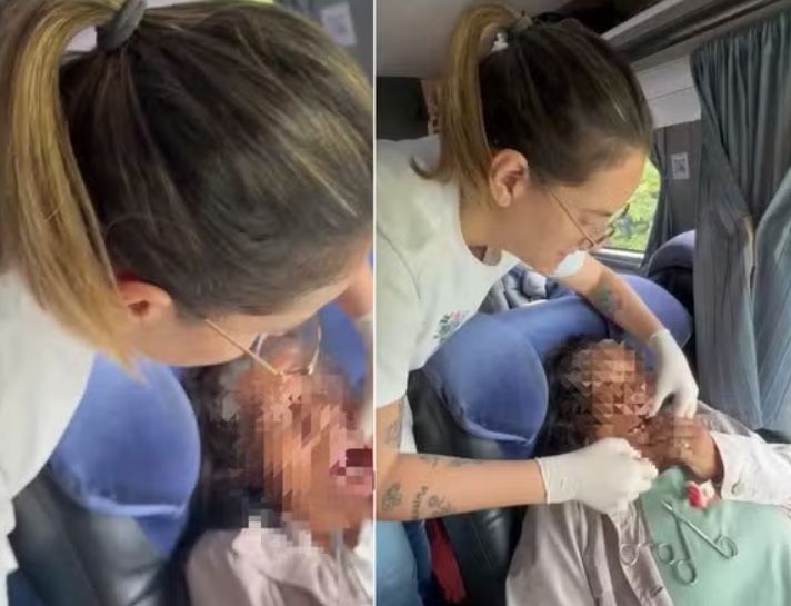 Dentista atende idosa em ônibus após acidente com caminhão de milho na BR-174