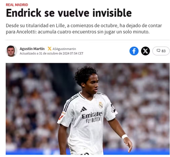 Endrick deixa de ser utilizado no Real e jornal chama jogador de 'Invisível'