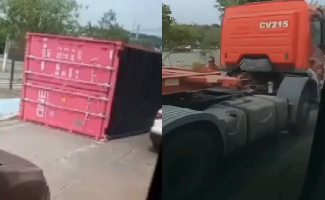 Contêiner despenca de carreta na Bola da Suframa  