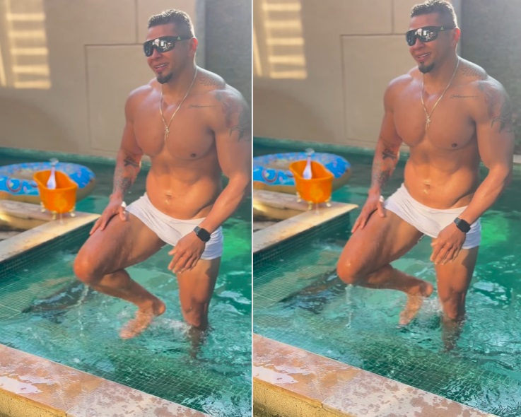 Ex-affair de Gracyanne posa de sunga branca após fazer harmonização peniana