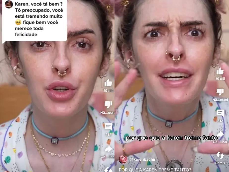 Karen Bachini mostra mãos trêmulas por abstinência de cigarro eletrônico