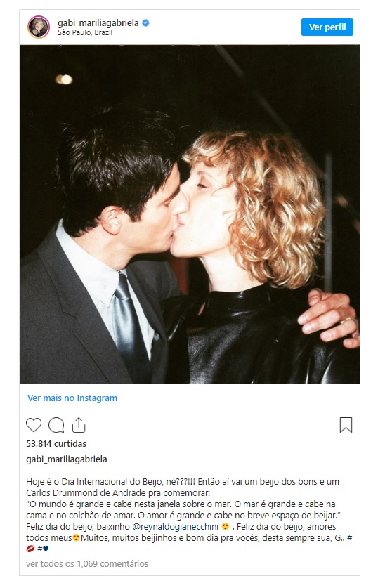 Marília Gabriela posta foto beijando o ex, Reynaldo Gianecchini
