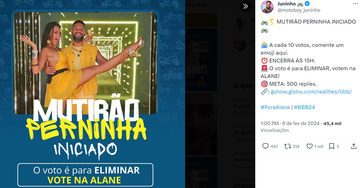 ADM de Juninho debocha em votação contra Alane: 'mutirão perninha'