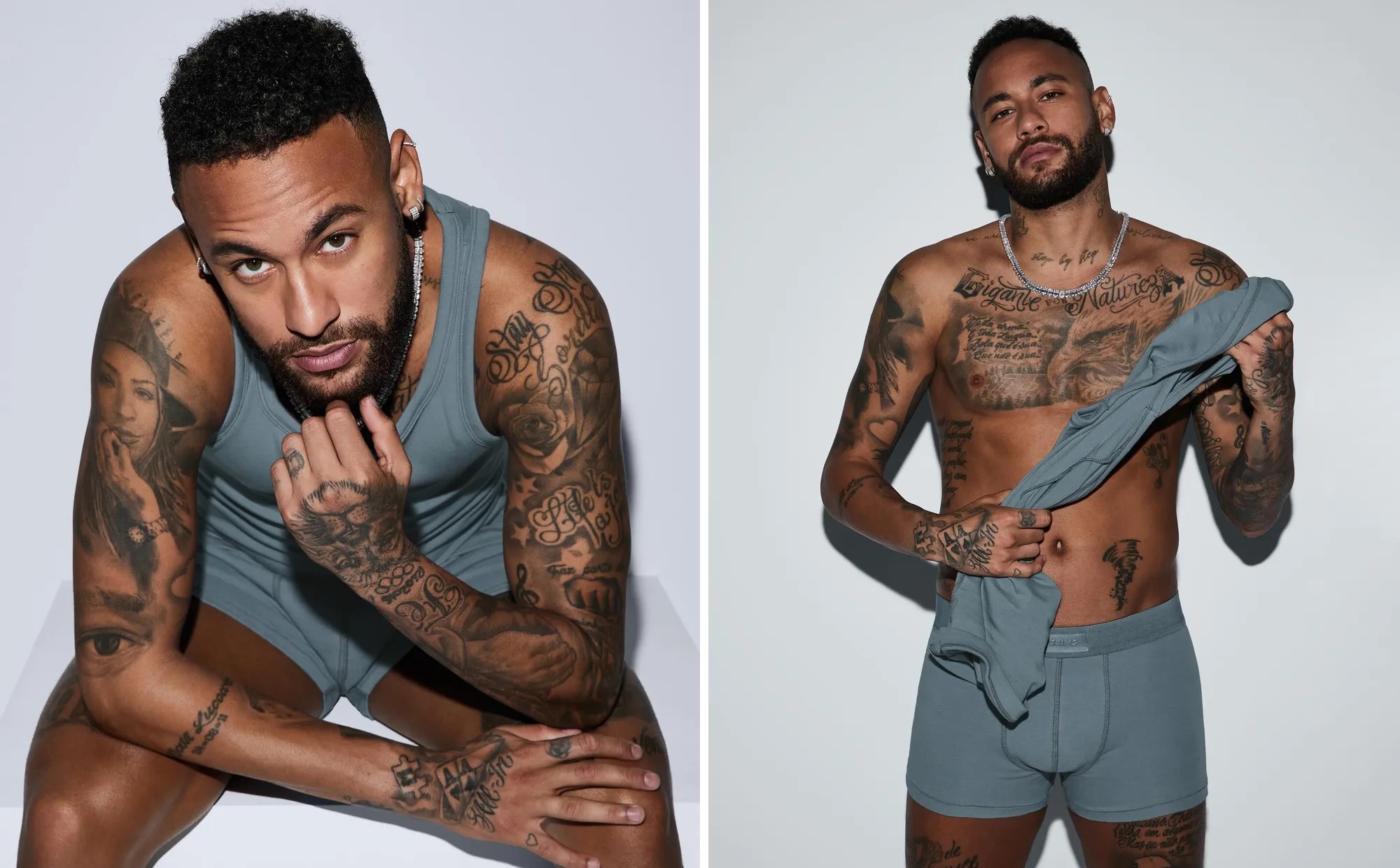 De cueca, Neymar faz campanha para marca de roupas íntimas de Kim Kardashian