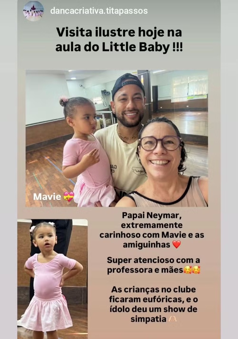 Neymar vai à aula de balé da filha Mavie e encanta professora: 'super atencioso'