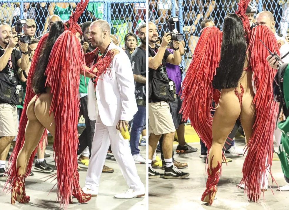 Paolla Oliveira e Diogo Nogueira desfilam juntos e trocam beijos na Sapucaí