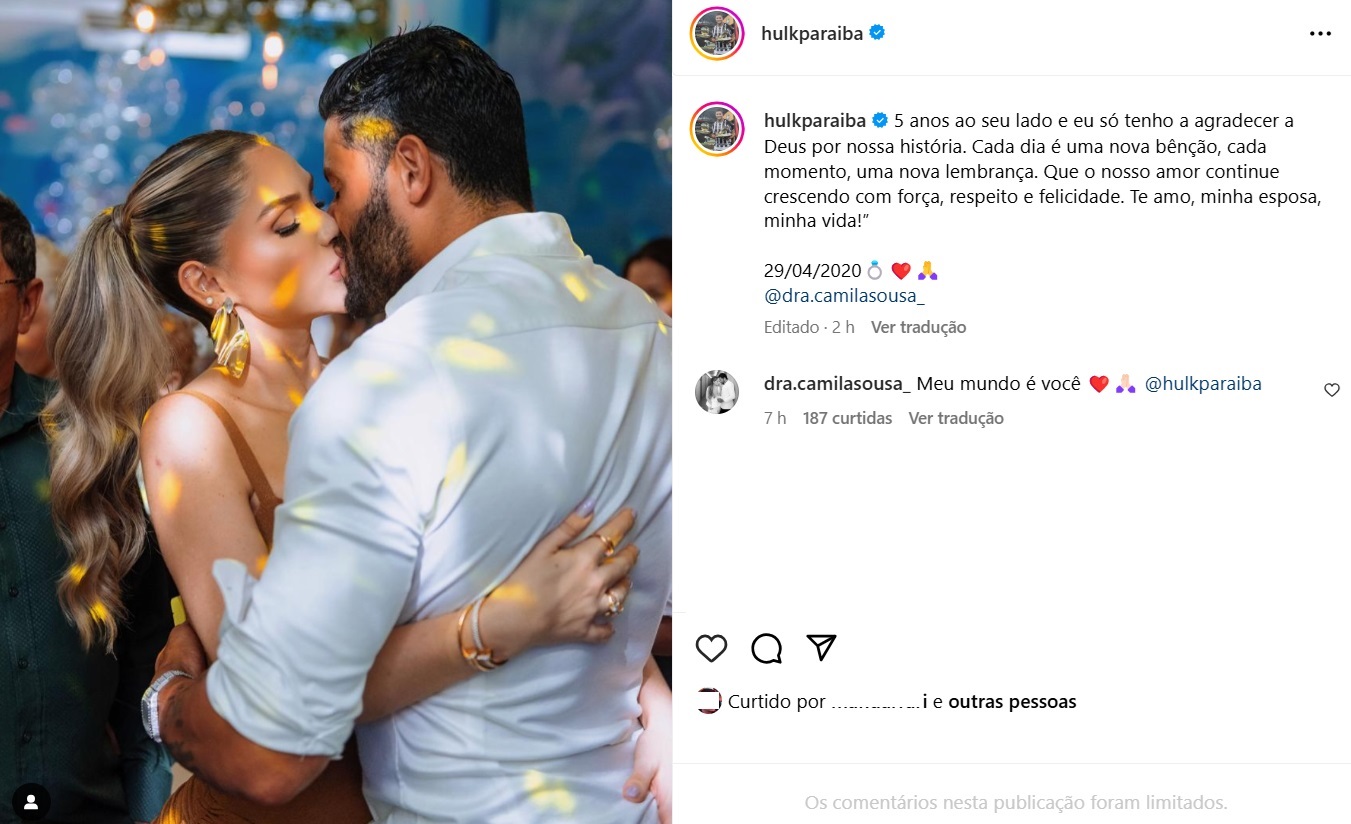 Hulk Paraíba comemora 6 anos com Camila: “agradecer a Deus por nossa história"