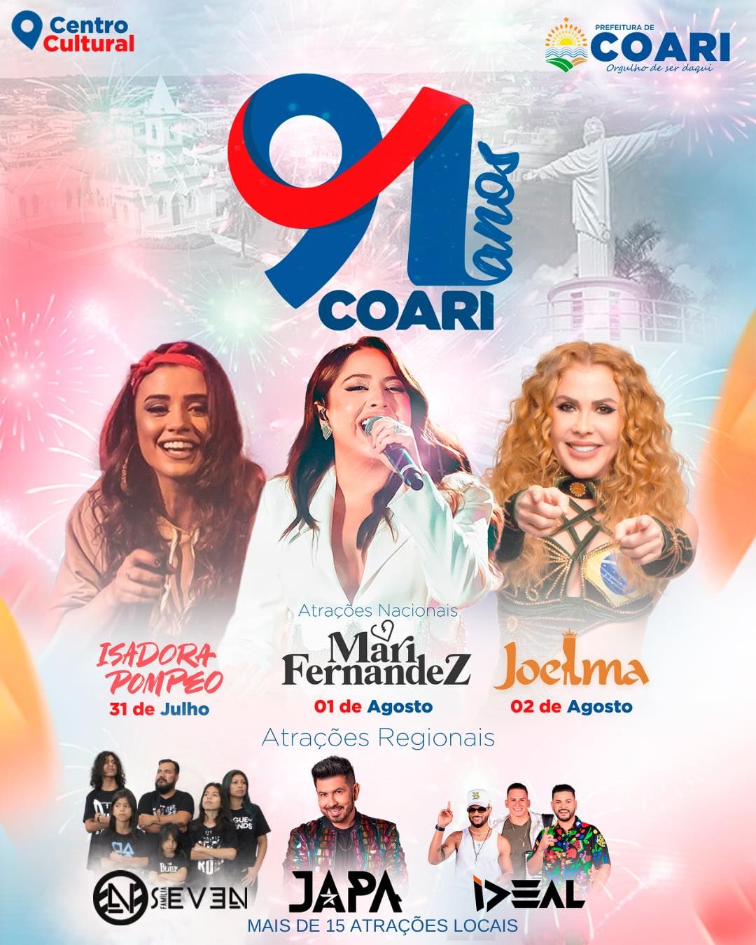 Isadora Pompeo, Mari Fernandez e Joelma são atrações confirmadas no aniversário de Coari