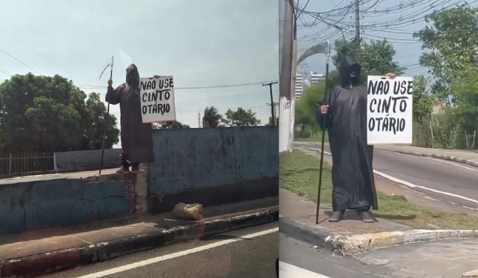 'Morte' usa placa sinistra para incentivar uso do cinto de segurança em Manaus