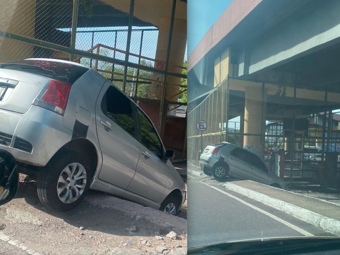 Carro fica preso em viaduto ao tentar entrar em estacionamento demolido em Manaus