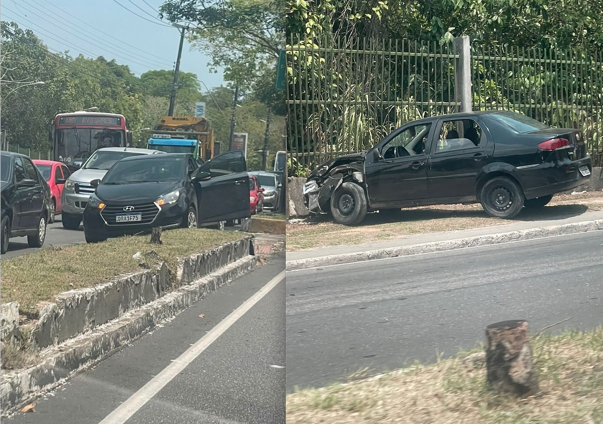Carro invade calçada da Ufam em acidente em Manaus; vídeo