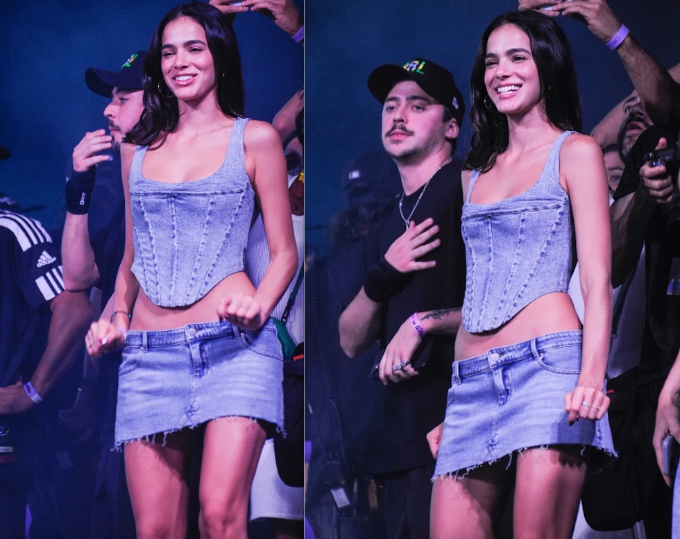 Bruna Marquezine rebola até o chão com minissaia e barriga de fora no show de Anitta