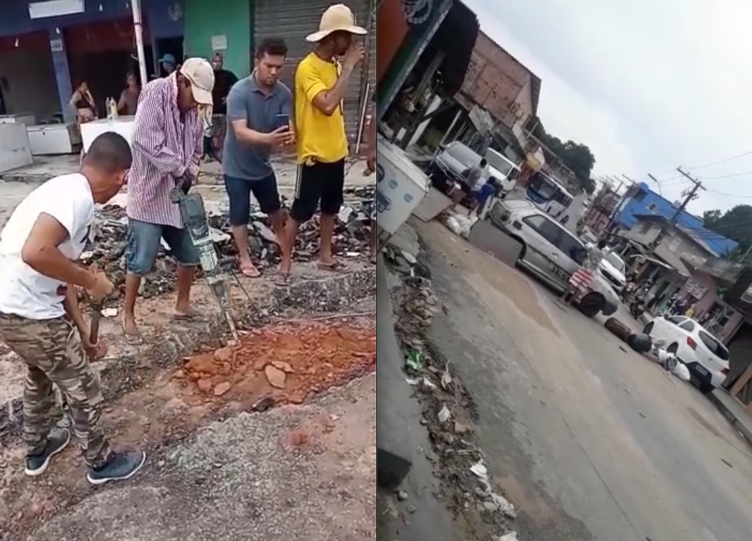 Após alagação, moradores fecham rua e fazem obra por conta própria em Manaus