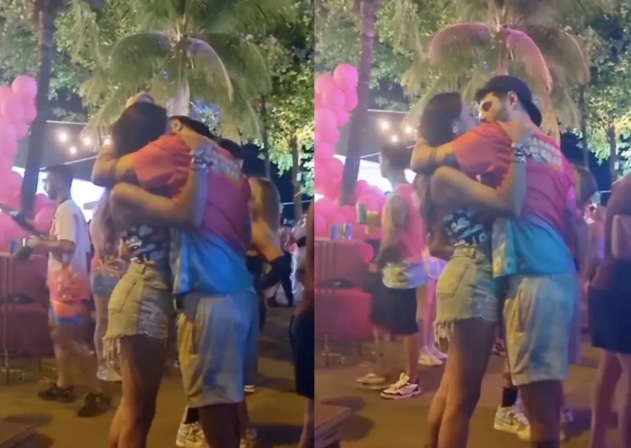 Ex-BBBs Sarah Andrade e Rodrigo Mussi dão beijão na Farofa da Gkay; vídeo