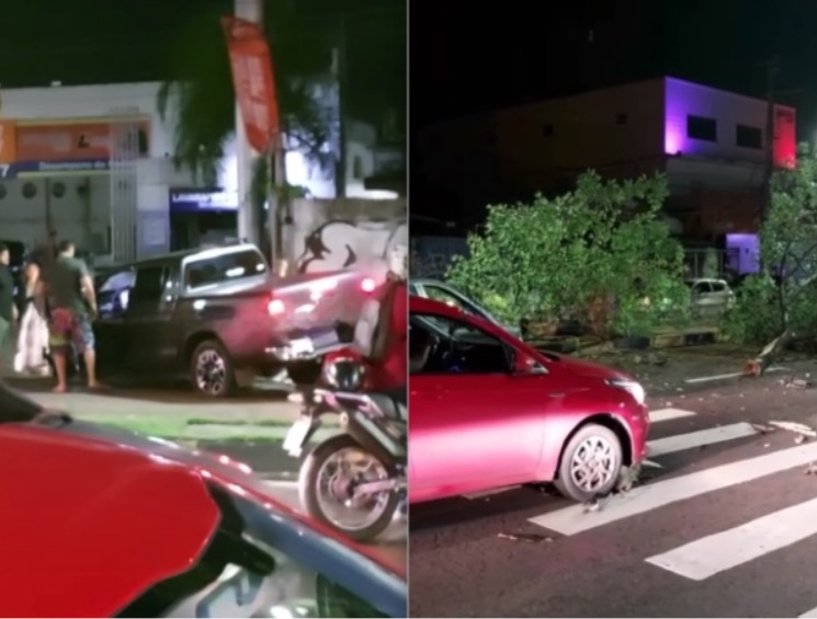 Picape em alta velocidade arranca árvores e invade contramão em acidente na Djalma