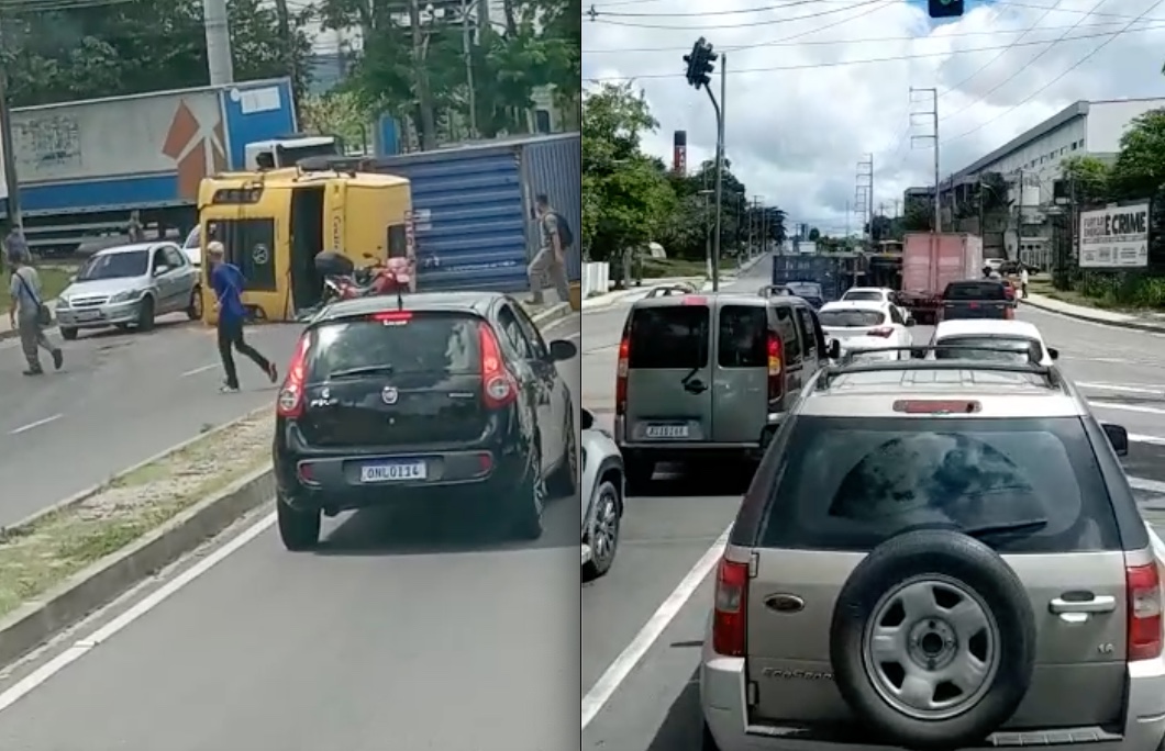Carreta tomba e bloqueia avenida no Distrito Industrial em Manaus; vídeos