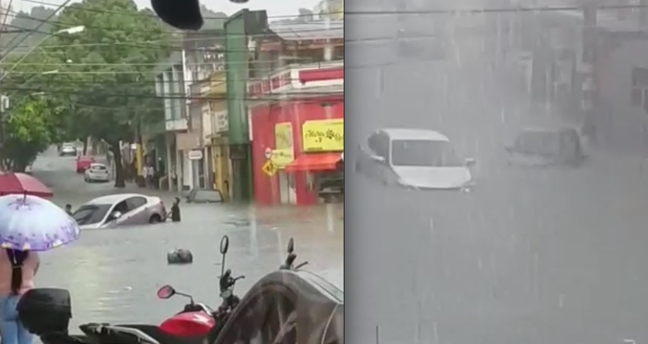 Vídeos: Homens ‘carregam’ carro submerso em rua durante chuva em Manaus 