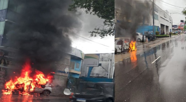 Carro é engolido pelo fogo no meio de avenida e pista é interditada em Manaus