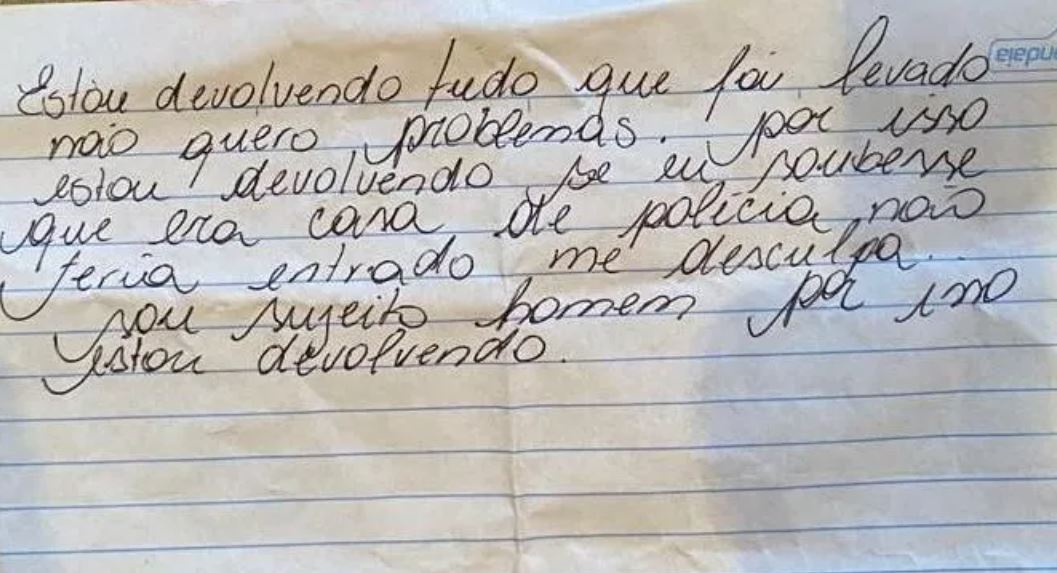 Ladrão devolve objetos e faz bilhete de desculpas ao descobrir que roubou casa de delegado