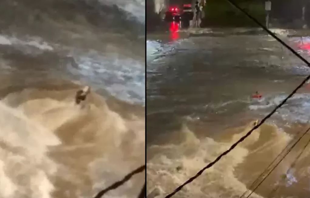 Mulher fica presa em teto de carro durante tempestade 