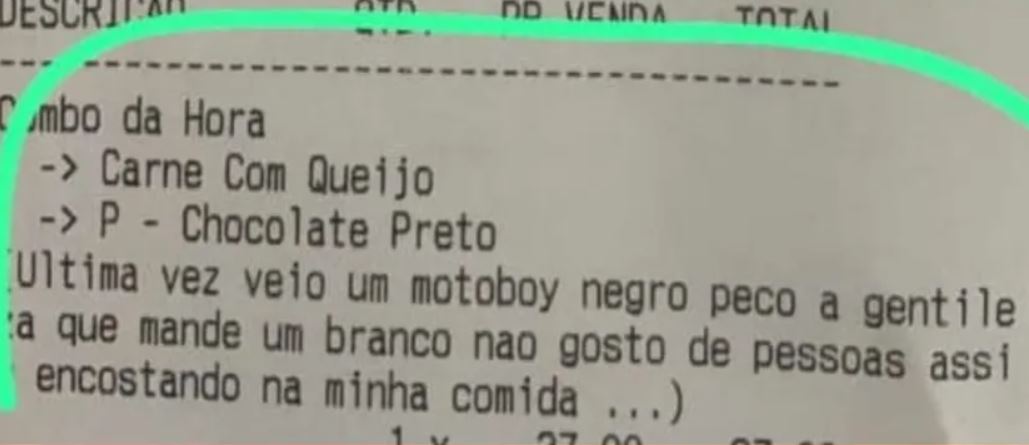 Polícia investiga pedido de delivery com recado racista: 'Mande um motoboy branco'