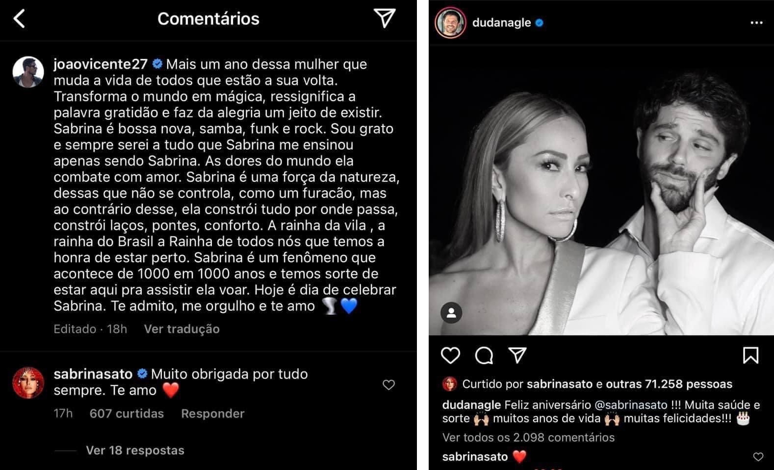 Sabrina Sato faz aniversário e fãs comparam declarações do ex João Vicente e do atual, Duda Nagle