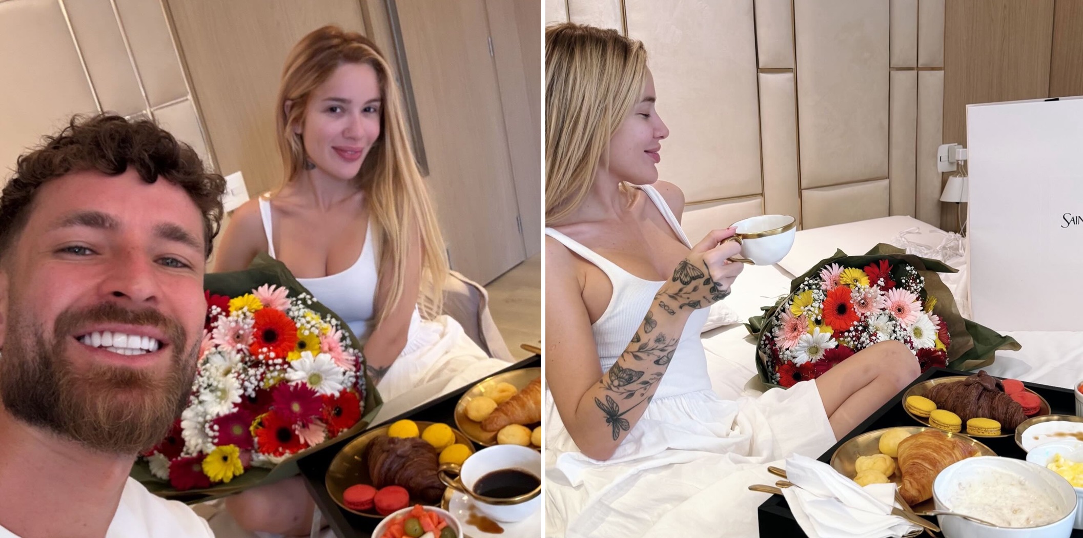 Léo Pereira, do Flamengo, surpreende Karoline Lima com café na cama, buquê e presente