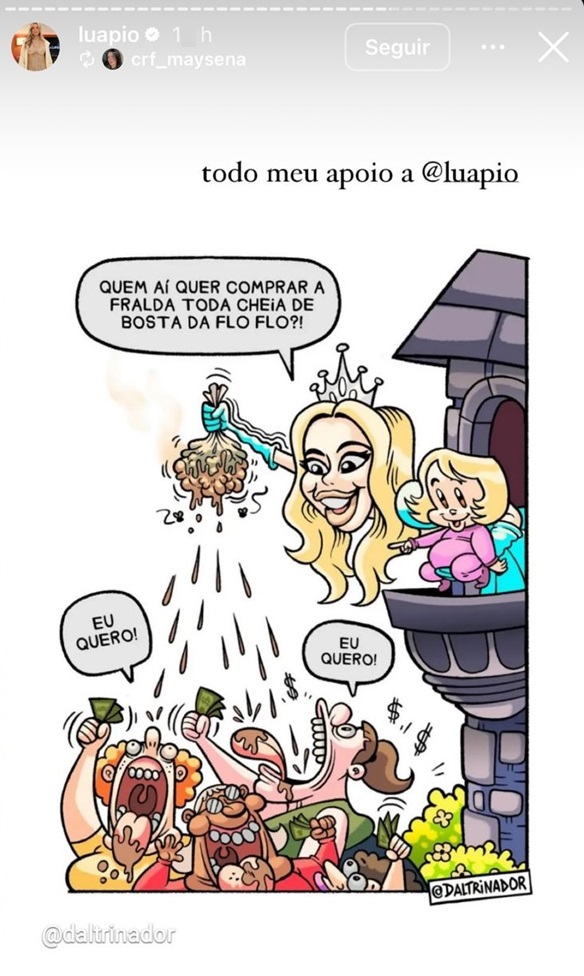 Polêmica! Luana Piovani compartilha charge de Virgínia vendendo fraldas sujas a seguidores