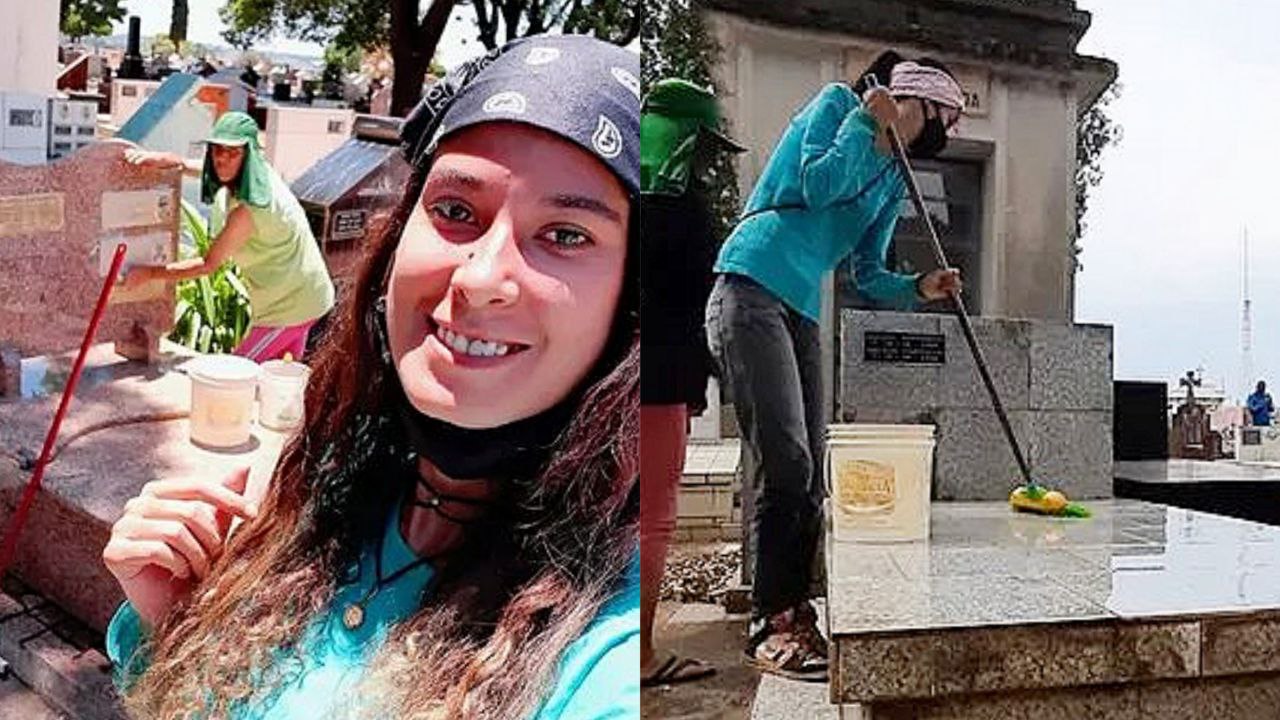 Faxineira de túmulos mostra rotina nas redes sociais e sonha em ser influencer