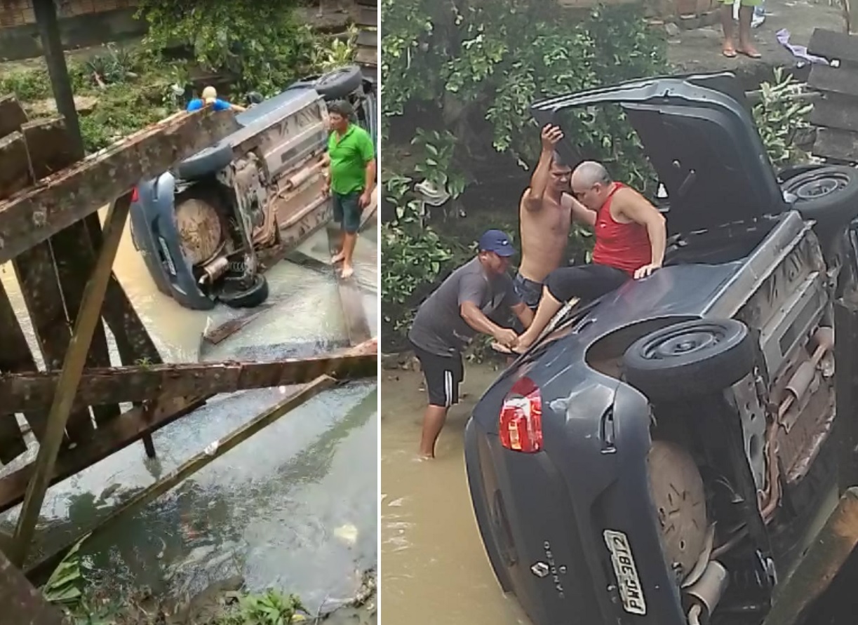 Carro despenca em igarapé de Manaus ao tentar atravessar ponte de madeira