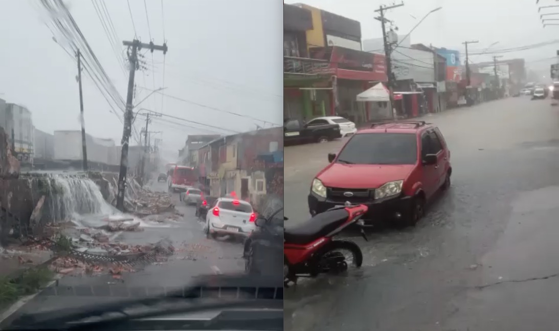 Muro de empresa desaba e ruas ficam alagadas durante chuva em Manaus; vídeo