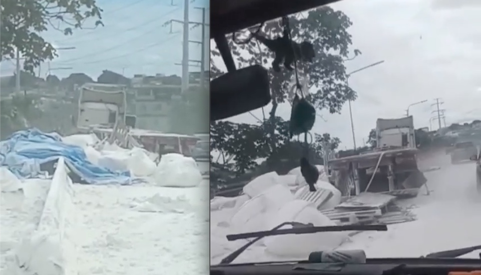 Carga cai de caminhão e cal espalhado em avenida prejudica trânsito em Manaus