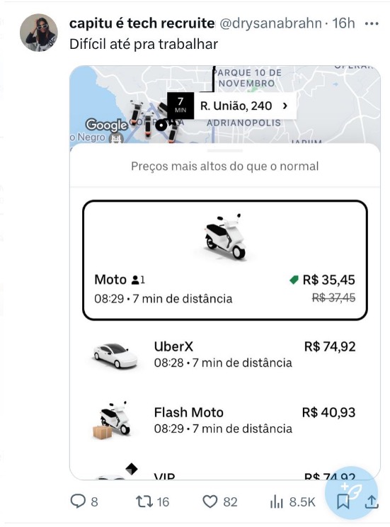 Chuva e período de Natal fazem preço do Uber disparar em Manaus 