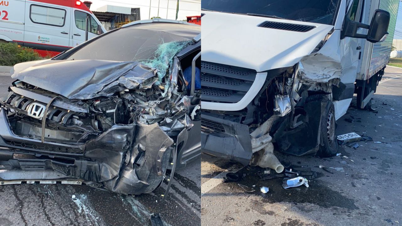 Carro fica destruído em grave acidente com caminhão em Manaus