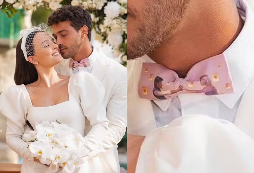 Noivo usou gravata de ‘Rapunzel’ em casamento com Larissa Manoela: ‘Vejo enfim a luz brilhar’