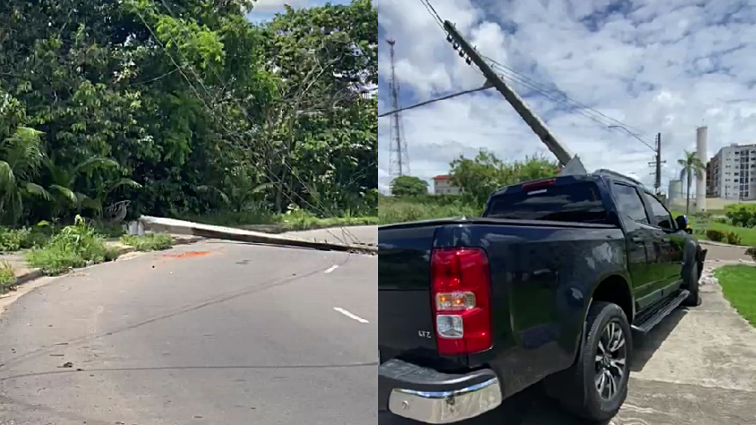 S10 em alta velocidade derruba postes e deixa bairro de Manaus sem energia; vídeo