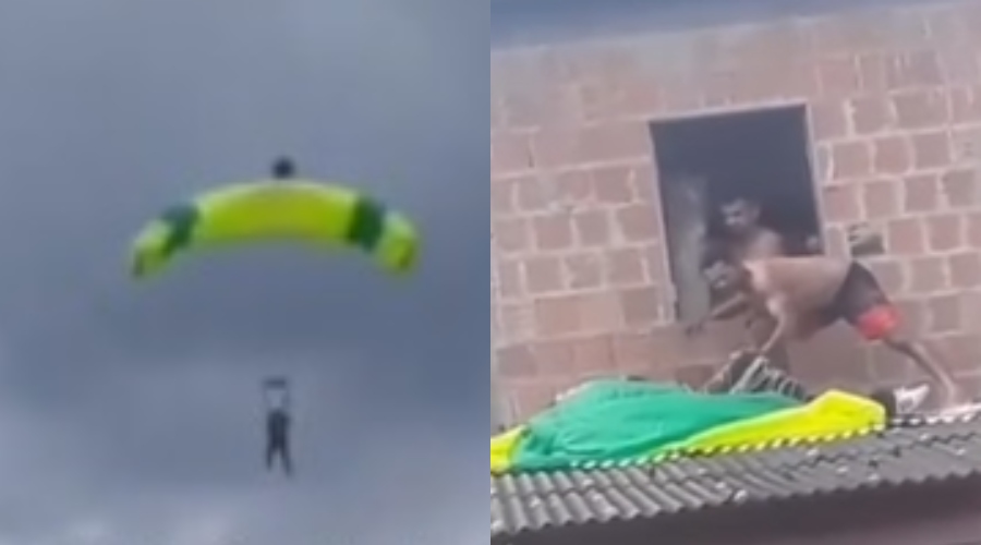 Vídeo: Paraquedista despenca sobre telhado de casa em Manaus