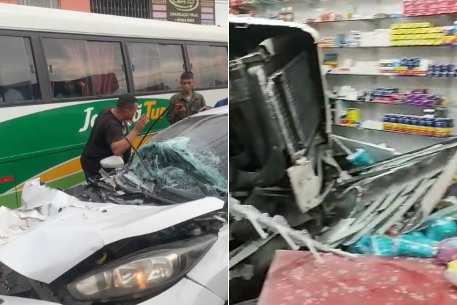 Carreta desgovernada invade drogaria após acidente com carros em Manaus; vídeos