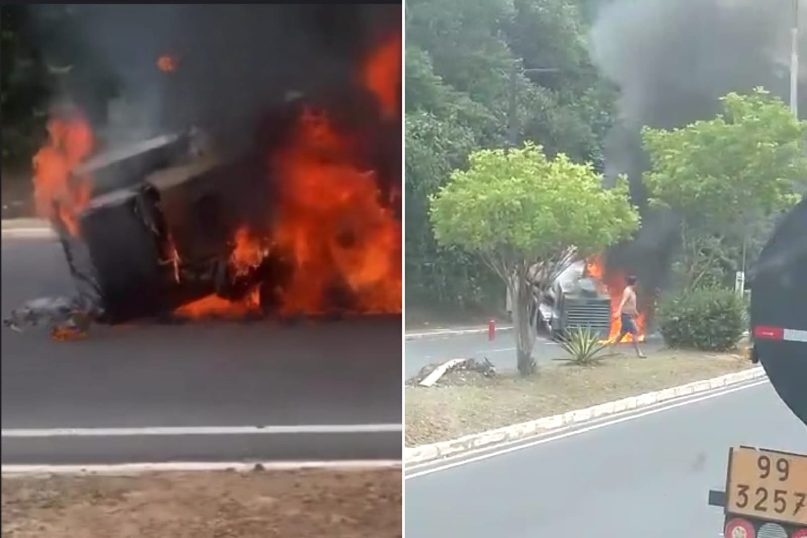 Carreta é tomada pelo fogo após curto-circuito em avenida de Manaus 