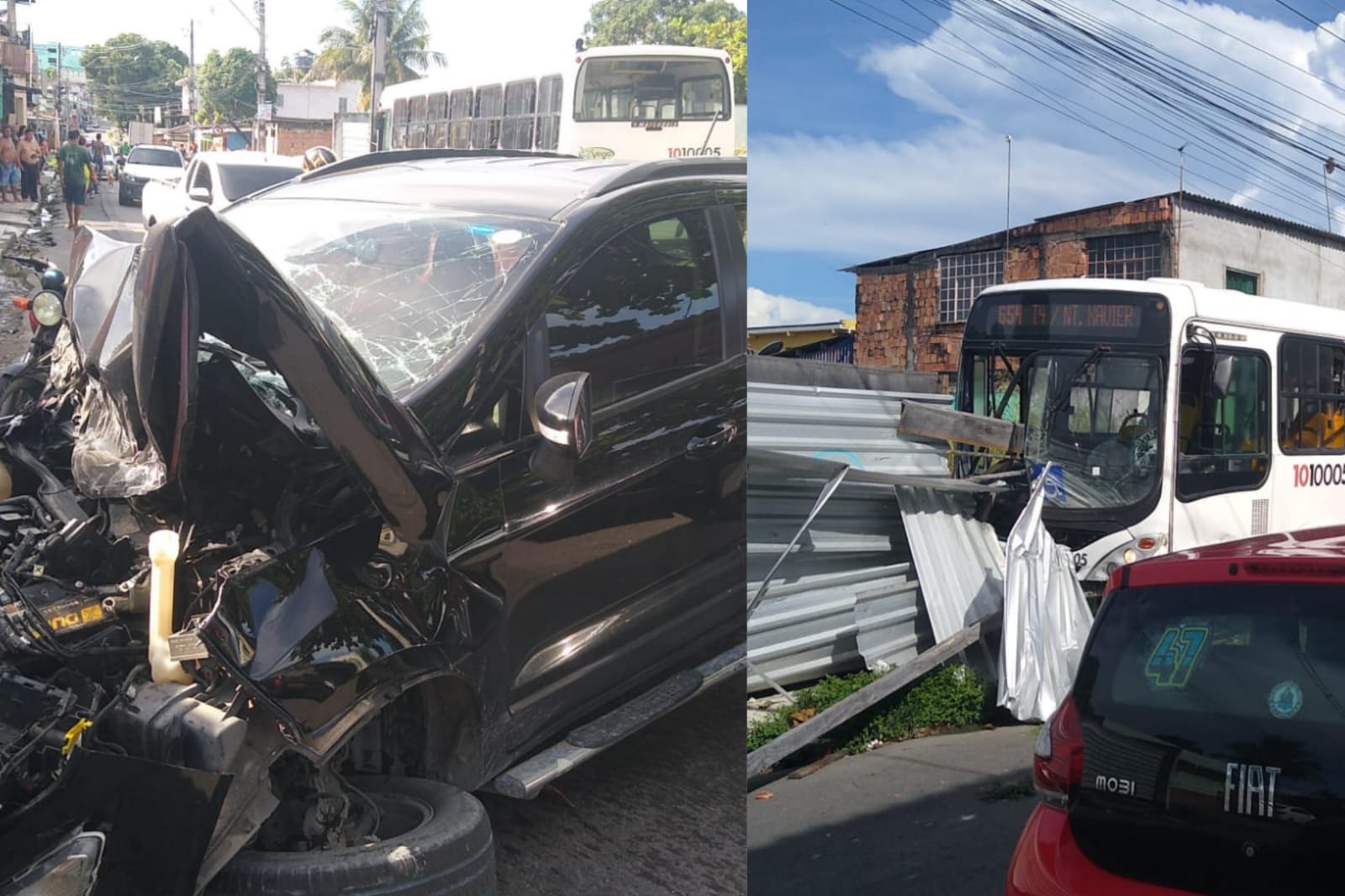 Carro fica destruído após acidente com ônibus em Manaus 