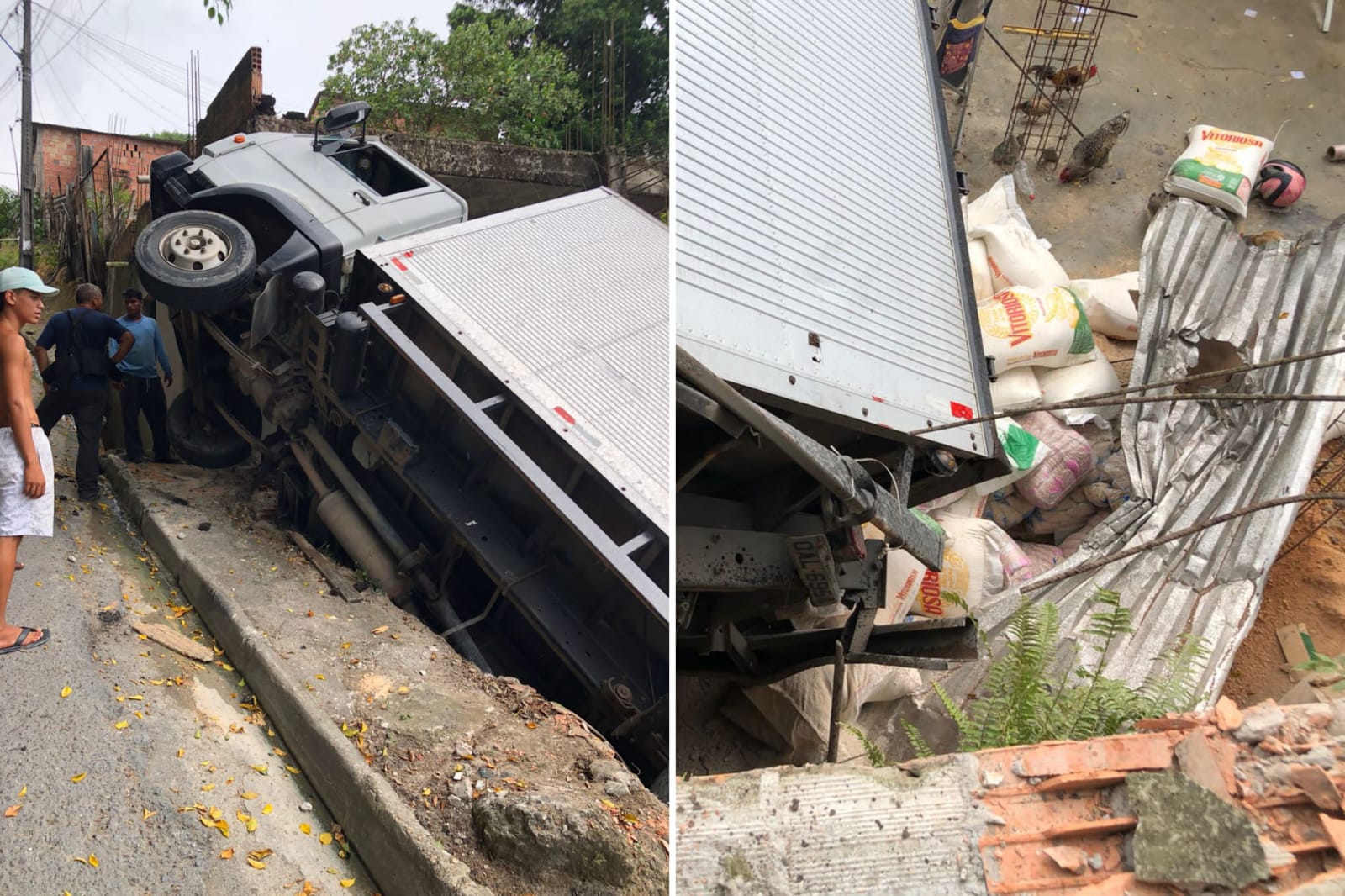 Caminhão com carga de trigo perde freio em ladeira e invade casa em Manaus; vídeo