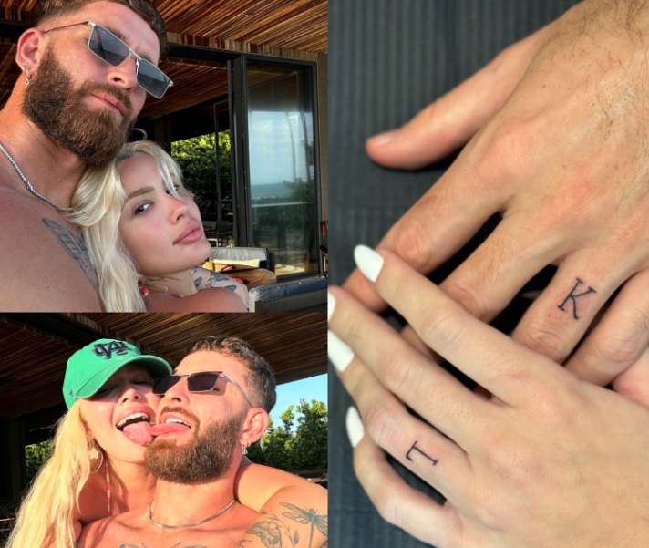Karoline Lima e Léo Pereira tatuam iniciais no dedo anelar