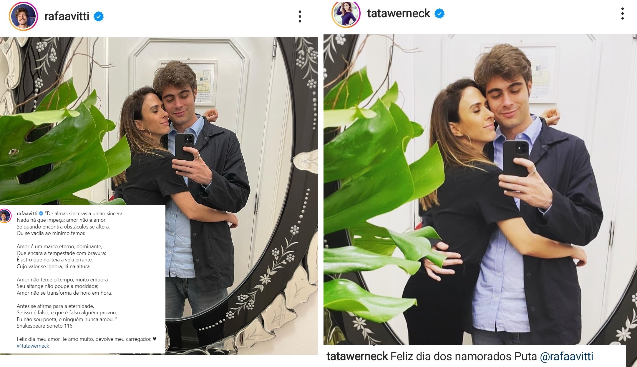 Declarações diferentes de Rafa Vitti e Tatá Werneck no Dia dos Namorados chamam atenção
