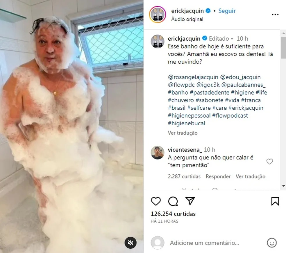 Chef Érick Jacquin publica vídeo tomando banho após polêmica sobre falta de higiene 