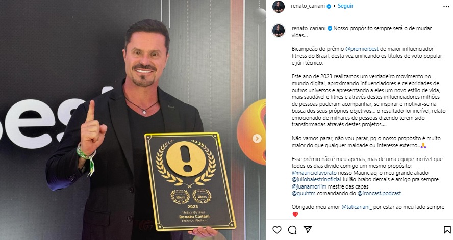 'Nada vai tirar minha alegria', diz Renato Cariani sobre indiciamento da PF por tráfico