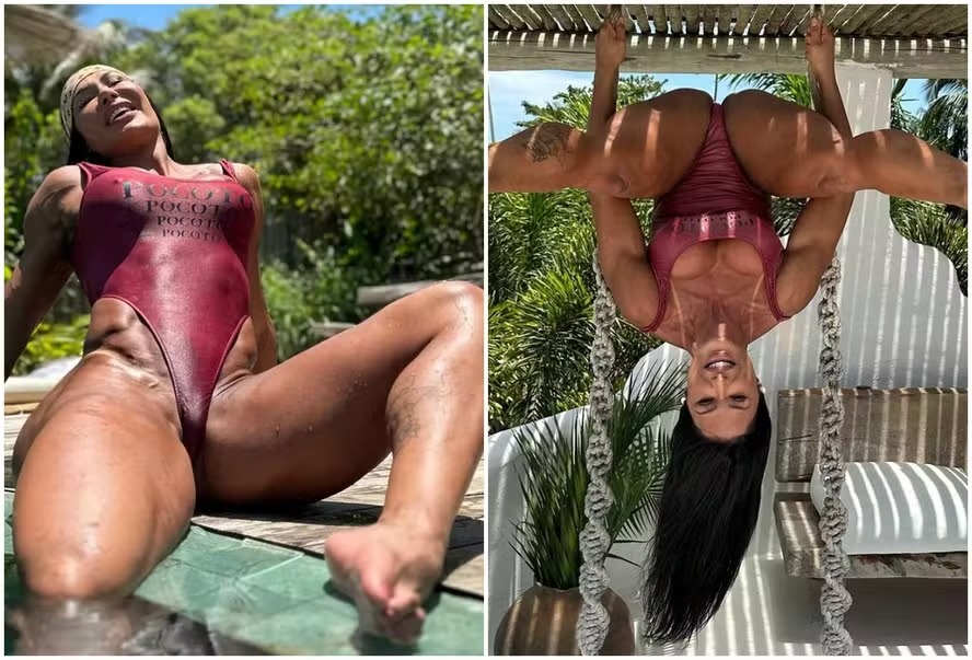 Gracyanne surge em pose da 'perereca invertida' com maiô fio dental; fotos