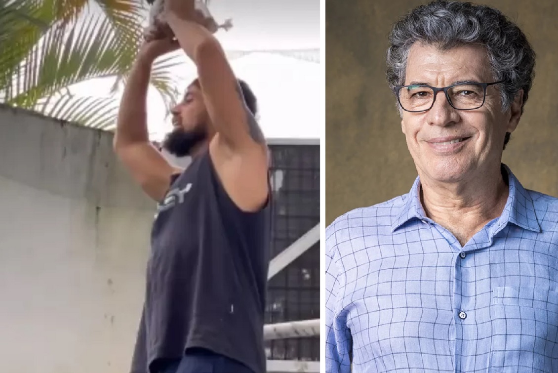 Rafael Cardoso joga encomendas pelo muro da casa de Paulo Betti