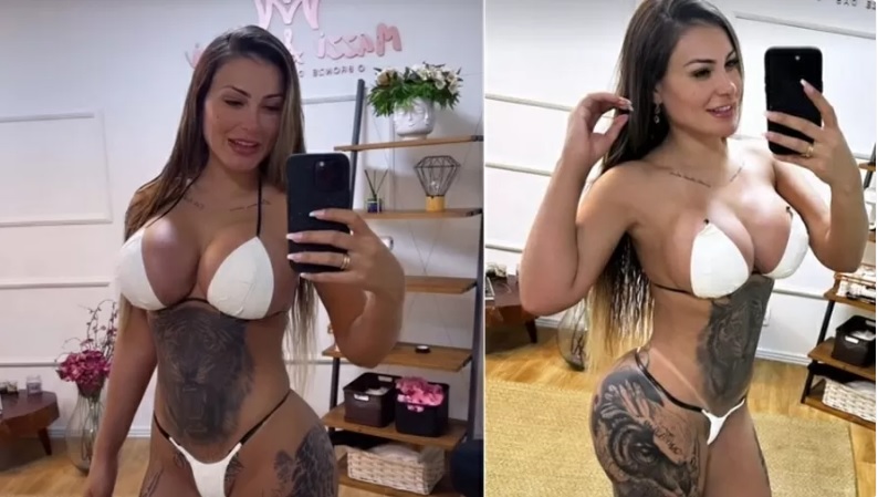 Andressa Urach posa de biquíni de fita após colocar 2 litros de silicone nos seios