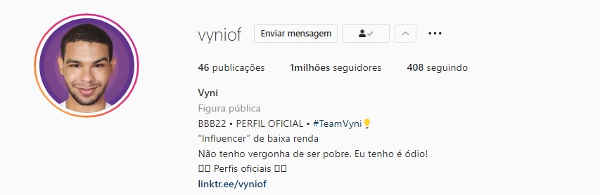 Vyni é o 1º Pipoca do BBB 22 a chegar a 1 milhão de seguidores