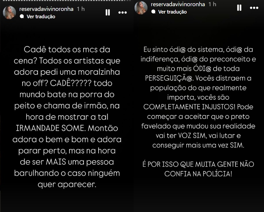 Vivi Noronha, mulher de Poze do Rodo, rasga o verbo contra MCs: 'sumiram todos'